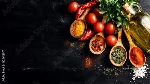 Cooking spices and ingredients combination on a dark background, suitable for food photography, recipe covers, catering advertisements, etc