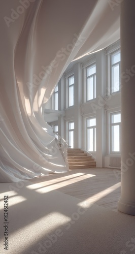 White  flowing architectural interior. Sunlight streams in