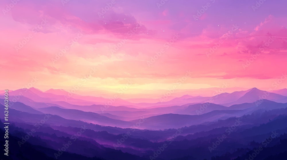Fototapeta premium 43.A stunning panoramic view of a sunset sky painted in shades of pink and purple, with the colors seamlessly blending into one another across the horizon. The sky is calm and serene, with subtle