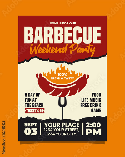 Red, Black and Orange Retro Illustrative Summer BBQ Party Vertical Poster Invitation Template