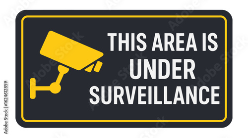 A security sign warns of surveillance cameras in the area, protecting people and property. Modern flat vector sticker label with icon and badge style, transparent background
