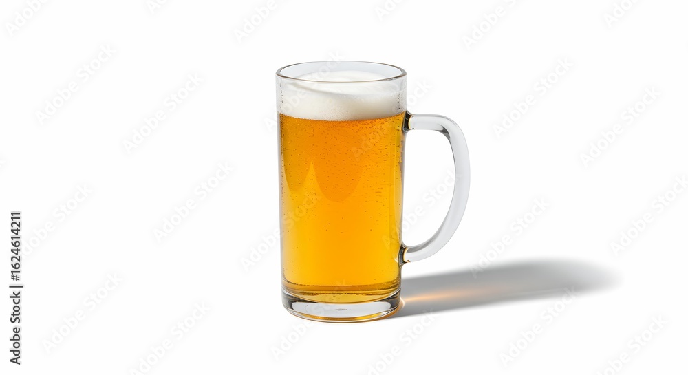 Classic Beer Mug Filled with Golden Lager and Frothy Head on White Background