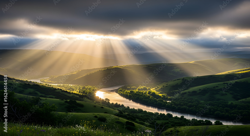 Obraz premium Dramatic Sun Rays Piercing Through Clouds Over Winding River and Lush Green Hills Landscape