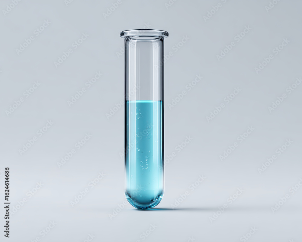 Clear test tube filled with vibrant blue liquid, showcasing bubbles and sleek design, perfect for scientific themes Clear test tube filled with vibrant blue liquid, showcasing bubbles and sleek design, perfect for scientific themes
