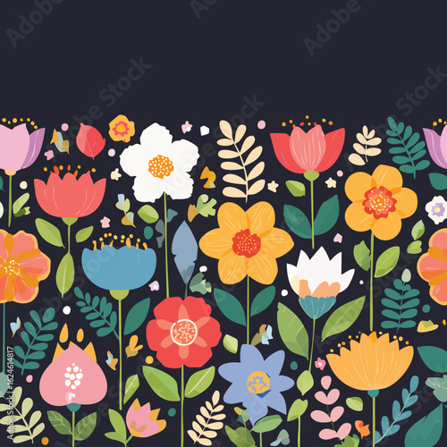 Vibrant floral pattern bursts with color, bringing cheerful spring vibes to any design project.