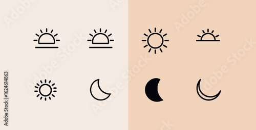 
A set of simple icons representing the sun and moon, with black lines on a white background. The icon for sunrise is a rising or setting sun, while a crescent shape represents a half-moon.