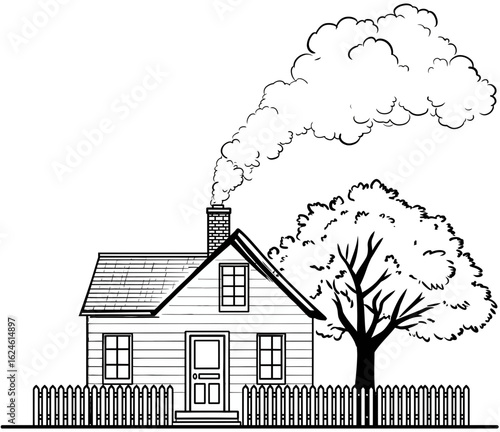 
A simple line drawing of a house with smoke coming out of the chimney, a fence around it, and a tree in front of the door.