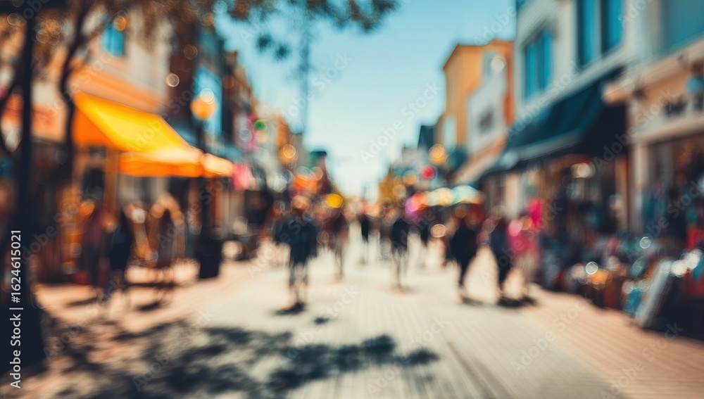 Blurred city street scene, busy pedestrian walkway, colorful shops Blurred city street scene, busy pedestrian walkway, colorful shops