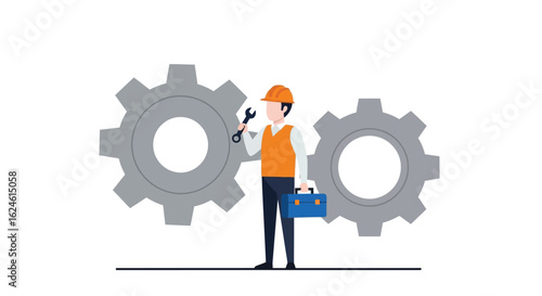 Engineer or Technician with Tools Standing Between Two Large Gears

