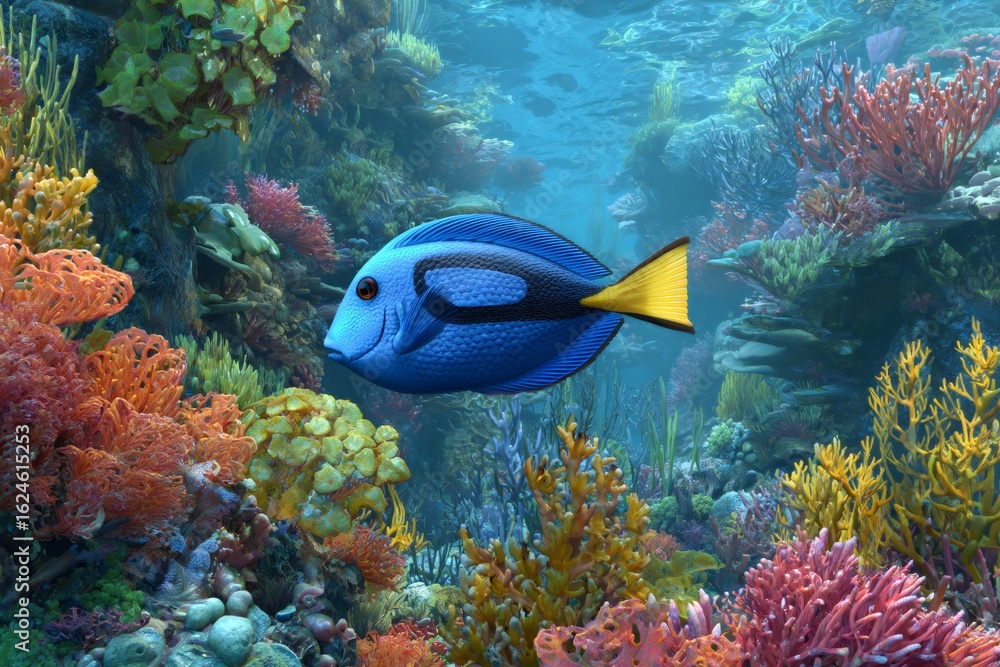 Obraz premium Blue tang fish with yellow tail fin swims through a vibrant coral reef, showcasing the beauty of underwater life
