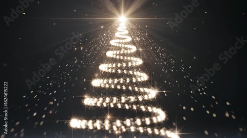 Captivating animated Christmas tree made of shimmering lights and sparkling particles against dark background