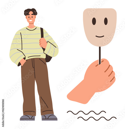 Person standing casually with hands in pockets near a smiling mask held by a hand. Ideal for identity, psychology, social facade, self-expression, emotional balance, perception, simple flat metaphor