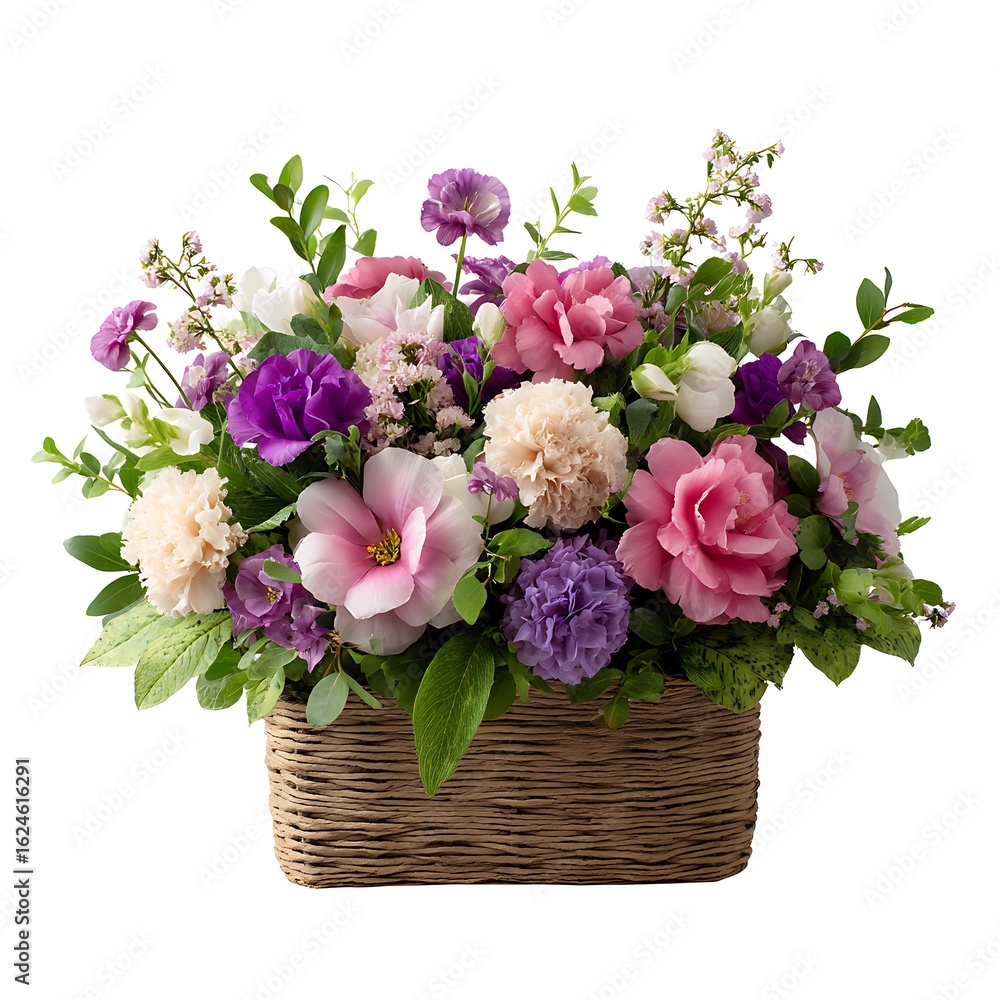 Obraz premium Beautiful mixed flower arrangement in wicker basket isolated on white background