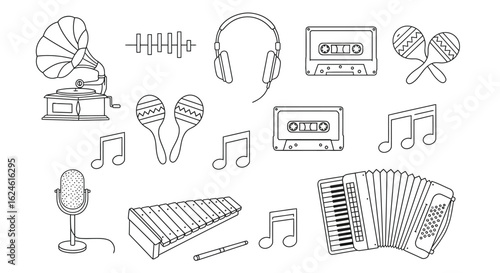 Set of Musical Instruments and Audio Equipment in Line Art Style

