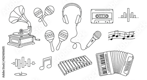 Set of Musical Instruments and Audio Equipment in Line Art Style

