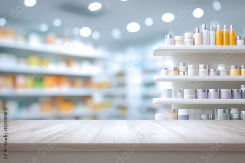 Light wood table in front of pharmacy shelves