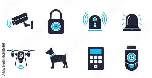 Home security vector icons set featuring alarm system camera motion sensor lock and protection symbols for smart house applications