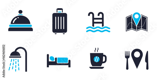 Hotel and hostel vector icons collection with building bed key reception desk and accommodation symbols