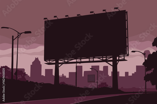 Massive billboard silhouetted against a city skyline and dusky sky, ready for advertising