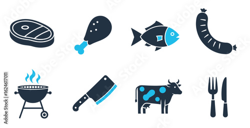 Meat and food vector icons set featuring beef chicken pork fish and cooking ingredients symbols