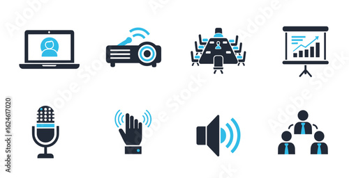 Meeting vector icons set featuring conference room table team discussion and business presentation symbols