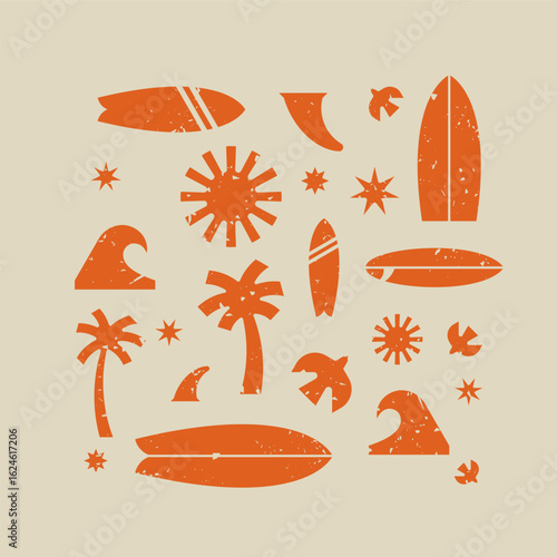 Summer. Sea. Surfing. A set of vector images: palm trees, sun, surfers, waves, stars, birds, keel. The set is perfect for creating posters, postcards and the like