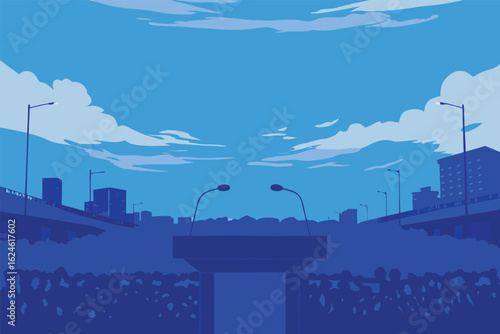 Captivating presentation stage with microphones set against a dynamic cityscape backdrop