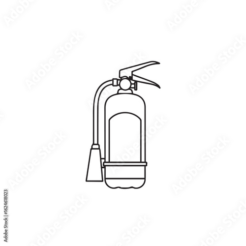 A minimalist line drawing of a fire extinguisher, featuring a cylinder, hose, nozzle, and handle, set against a plain white background.