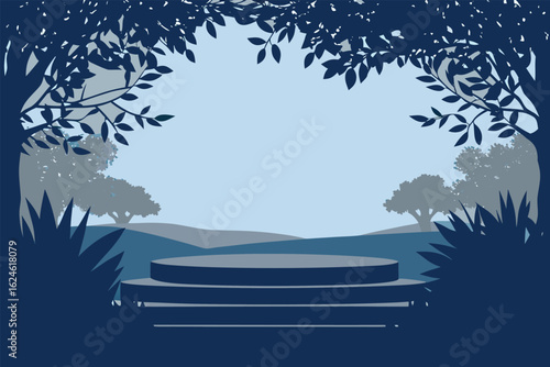 Tranquil forest clearing with a circular platform for nature product displays