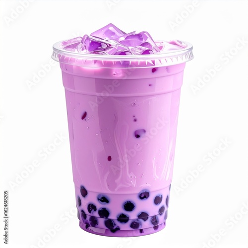 Purple Taro Boba Milk Tea with Ice Cubes in Clear Plastic Cup Isolated