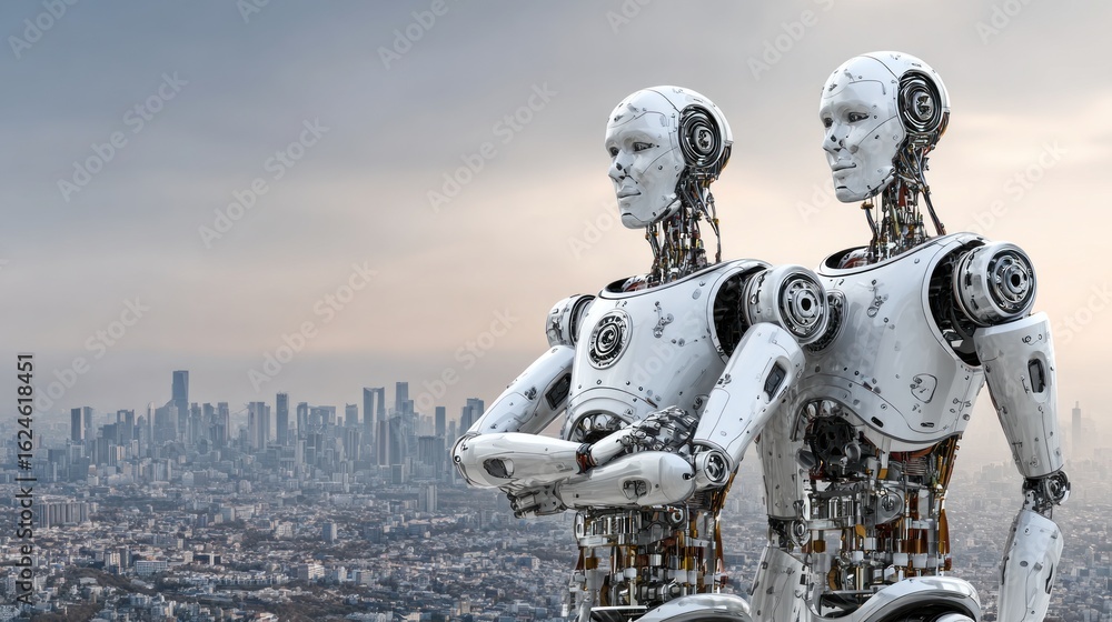 Fototapeta premium Two white robots stand over cityscape