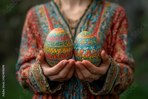 Woman holding colorful traditional Ukrainian Easter eggs outdoors during spring, symbolizing heritage