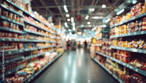 Blurred interior of a grocery store aisle