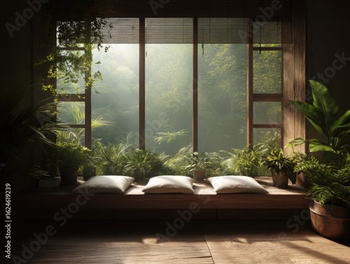 Tranquil indoor garden oasis with large window and natural light