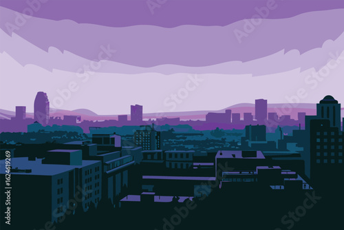 Modern city skyline at dusk with purple hues capturing urban tranquility and architectural beauty