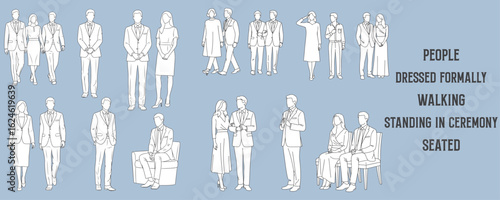 Architectural Drawings people dressed formally, walking, standing in ceremony poses, or seated vector illustration, side view, human person Minimal style hand drawn.