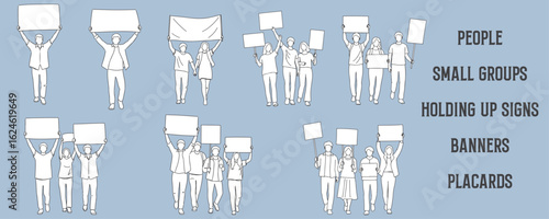 Architectural Drawings people small groups holding up signs, banners, or placards vector illustration, side view, human person Minimal style hand drawn.