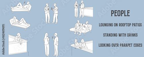 Architectural Drawings people lounging on rooftop patios, standing with drinks, or looking over parapet edges vector illustration, side view, human person Minimal style hand drawn.