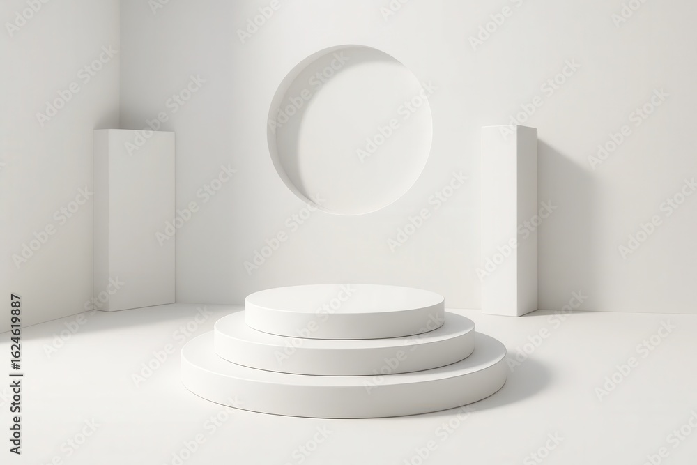 Fototapeta premium Minimalist white studio with tiered circular podium and geometric shapes