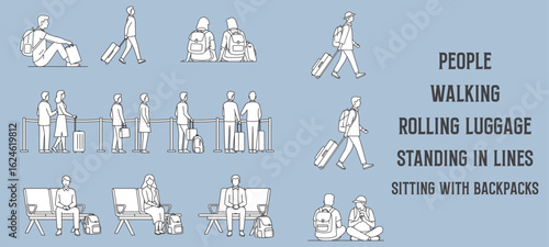 Architectural Drawings people walking with rolling luggage, checking departure screens, standing in lines, or sitting with backpacks vector illustration, side view, human person