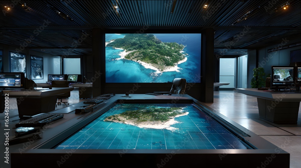 Fototapeta premium Futuristic Office Space Featuring Large Screens and Interactive Displays of an Island Over Water