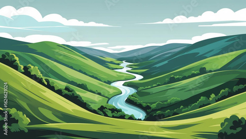 river valley landscape green Hills