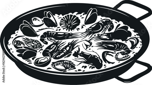 Seafood Paella Pan Silhouette Vector Icon for Culinary Graphics and Designs