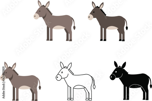 Collection of five cartoon donkeys in different poses and styles including full color outline and silhouette