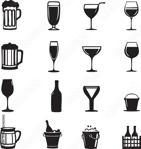 
Stylized Wine Glass Splash Icons – Dynamic Silhouettes of Red Wine Pours for Bar, Restaurant, Party, and Celebration Themes