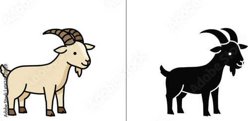 Two cartoon goats one light colored and one black standing side by side on white background