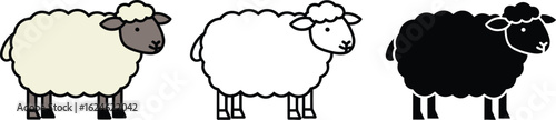 Three cartoon sheep standing in a row one black and two white with simple outlines on a white background
