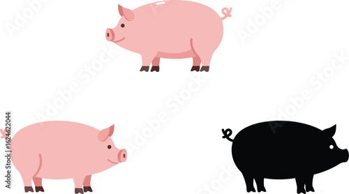 Three stylized cartoon pigs in pink and black silhouettes on a white background representing farm animals