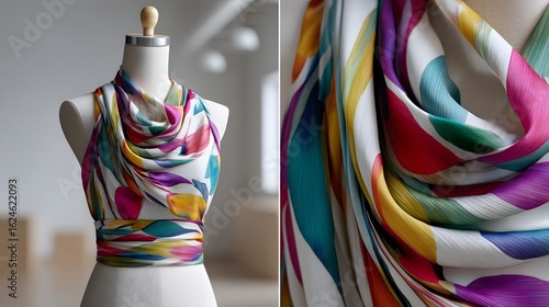 Colorful Elegant Scarf Draped on a Dress Form with Smooth Fabric Texture and Vibrant Patterns