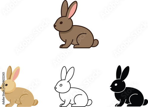 Collection of three cute cartoon rabbits in different styles and colors isolated on white background